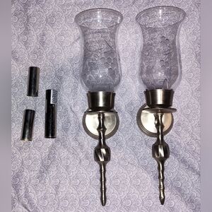 Brushed Nickel Wall Mounted Candle Holders w/Etched Glass . Set of 2